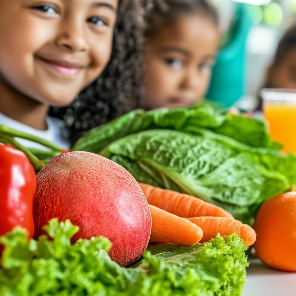 Fr&ouml;hliche Kinder hinter allerlei Gem&uuml;se
