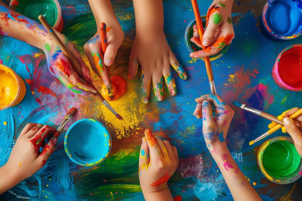 Viele Hände mit Pinseln und Farbe, Kinder sind kreativ